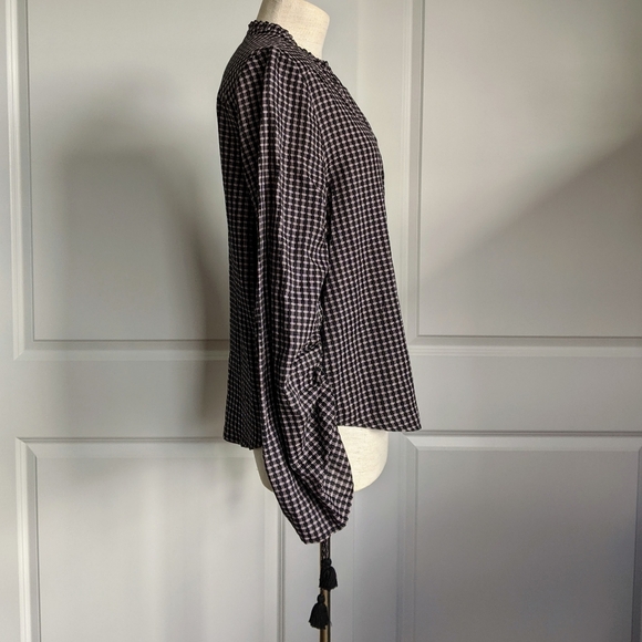 PAIGE Plaid Button Front Split Neck Ruffle Long Sleeve Tassel Black Mauve M NWT - Picture 6 of 14